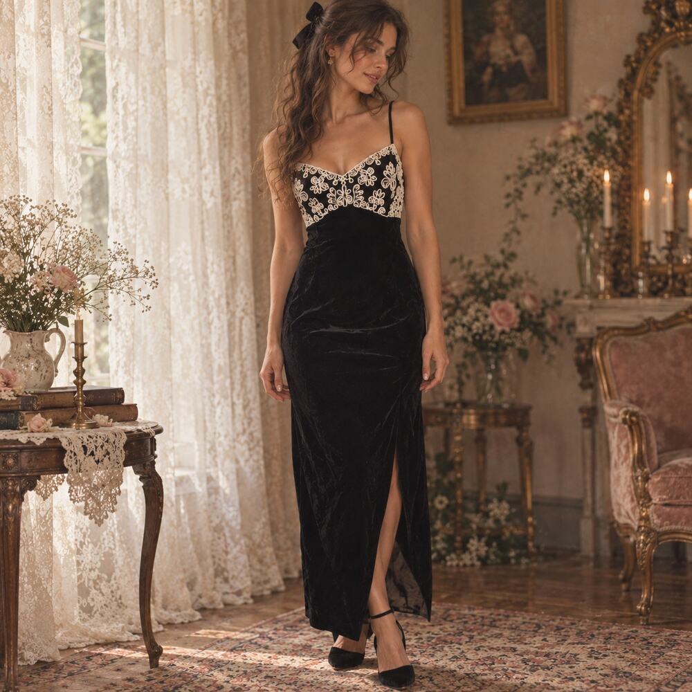 Gunne Sax Jessica McClintock Velvet Maxi Dress 11/12 Black Embroidered Vintage
